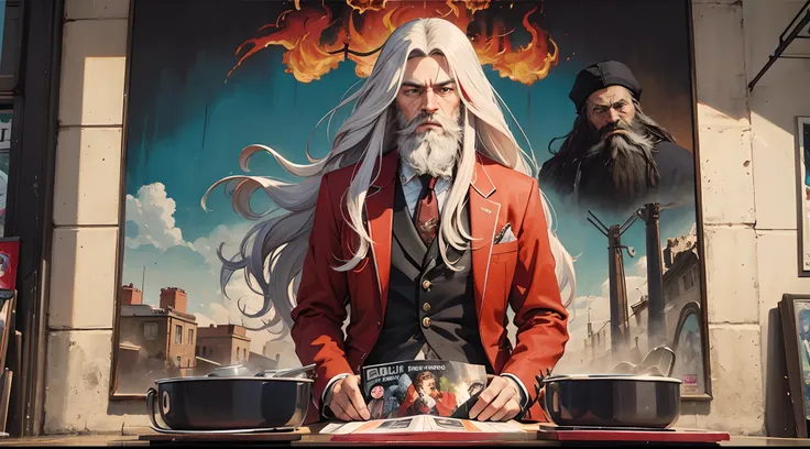 A poster of a long beard man with dredlock colorful hair, oil painting, wearing a suit, a movie poster