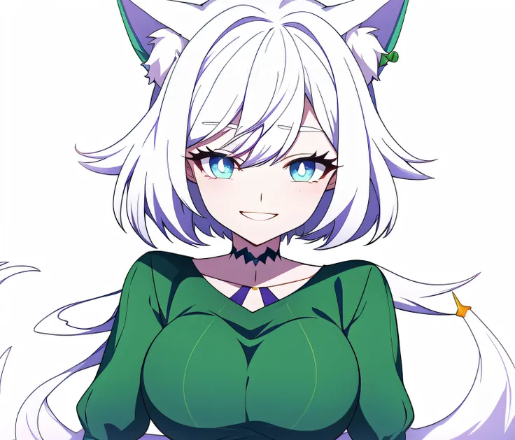 Cartoon drawing of a woman with white hair and a green sweater, [[[[sonriendo malvado]]]], Hembra Fursona, Chica de anime con cabello verde azulado, Anime Catgirl, Fursona!!!!, zorro blanco de pelo, Holo es una chica lobo, Fursona con ropa elegante, Chica ...