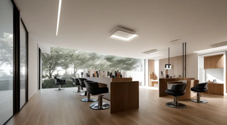 A interior of womens Beauty and hair salon, minimal design. without any direct sunlight or daylight effect no sun, no daylight. From the point of view 1/3 top of picture, high ceiling