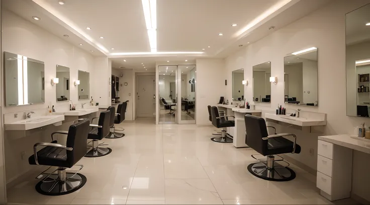 A interior of womens Beauty and hair salon, minimal design. without any direct sunlight or daylight effect no sun, no daylight. From the point of view 1/3 top of picture, high ceiling