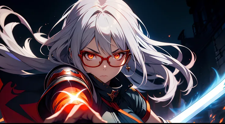 anime girl, silver hair, fantasy, sword, magic, red, glowing, epic lighting, fighter, orange eyes, glasses, thunders, dark background