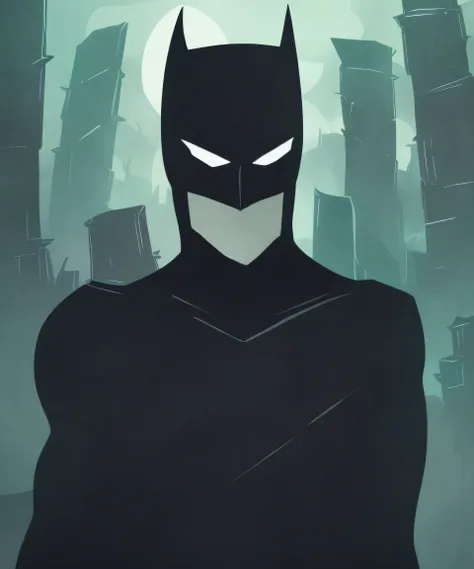 (darkflatartai:1.1) batman with bright eyes standing in a dark city, organic shapes, curves, smooth, relic