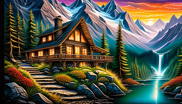 (((grand atmosphere with solemnity mountain cabin of stunning magic architecture intricate detailed:1.4))), ((ultra realistic:1....