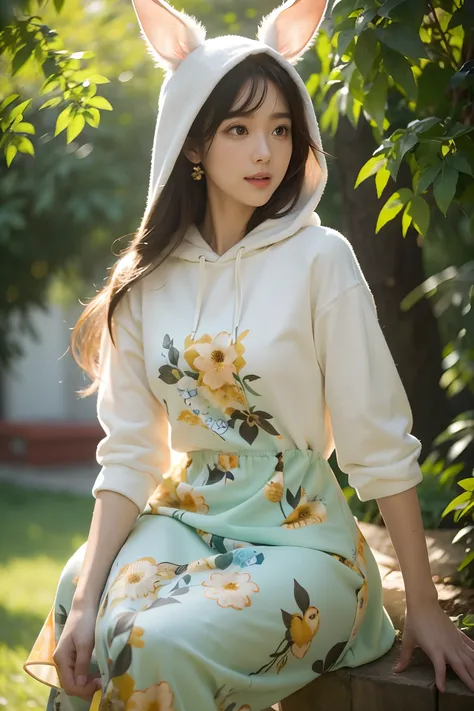 (best quality:1.2),ultra-detailed,rabbit,anthropomorphic,having a human-like face,hoodie,dress,looking back,sweet expression,cute,sitting in a vibrant garden,lush greenery,floral surroundings,enjoying a sunny day,warm sunlight,soft shadows,happy atmosphere...