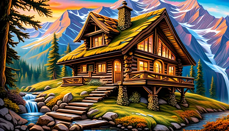 (((grand atmosphere with solemnity mountain cabin of stunning magic architecture intricate detailed:1.4))), ((ultra realistic:1....