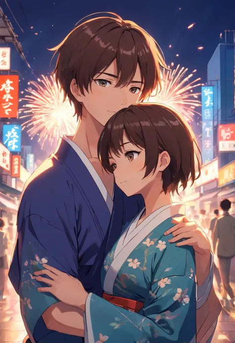 Best quality,4K,8K,A high resolution,masutepiece:1.2)The two boys hugged each other and kissed each other，Background night，Fireworks bloom in the dark，Close up close-up，is shy，𝓡𝓸𝓶𝓪𝓷𝓽𝓲𝓬，He wears a mens kimono，short detailed hair，brunette color hair，Differen...