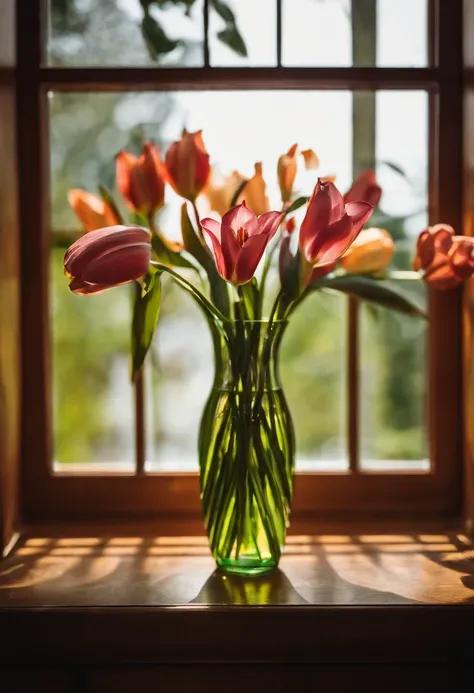 A vase on the windowsill，Inside the vase is a faint lily，warm sunlight，morning glow，There is also a bottle of purified water，Still life photography，afternoon sunshine，Quiet and beautiful，professional photoshooting，ultra-clear，high high quality