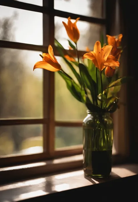 A vase on the windowsill，Inside the vase is a faint lily，warm sunlight，morning glow，There is also a bottle of purified water，Still life photography，afternoon sunshine，Quiet and beautiful，professional photoshooting，ultra-clear，high high quality