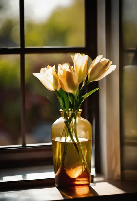 A vase on the windowsill，Inside the vase is a faint lily，warm sunlight，morning glow，There is also a bottle of purified water，Still life photography，afternoon sunshine，Quiet and beautiful，professional photoshooting，ultra-clear，high high quality