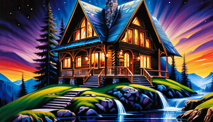 (((grand atmosphere with solemnity mountain cabin of stunning magic architecture intricate detailed:1.4))), ((ultra realistic:1.2)), ((through the insane darkness dreams are scattered:1.2)), ((rich-colors of multicolor glass and ice filed delicate detail:1...