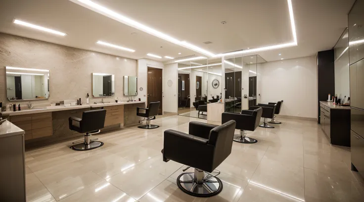 A interior of womens Beauty and hair salon, minimal design. without any direct sunlight or daylight effect no sun, no daylight. From the point of view 1/3 top of picture, high ceiling