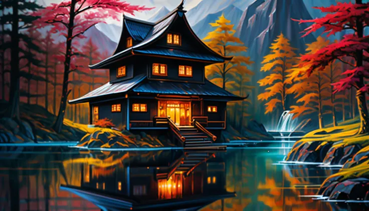 (((grand atmosphere with solemnity mountain cabin of stunning magic architecture intricate detailed:1.4))), (((dark fantasy samurai in training:1.3))), ((ultra realistic:1.2)), ((through the insane darkness dreams are scattered:1.2)), ((rich-colors of mult...