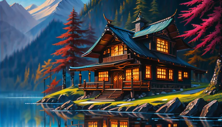 (((grand atmosphere with solemnity mountain cabin of stunning magic architecture intricate detailed:1.4))), (((dark fantasy samurai in training:1.3))), ((ultra realistic:1.2)), ((through the insane darkness dreams are scattered:1.2)), ((rich-colors of mult...