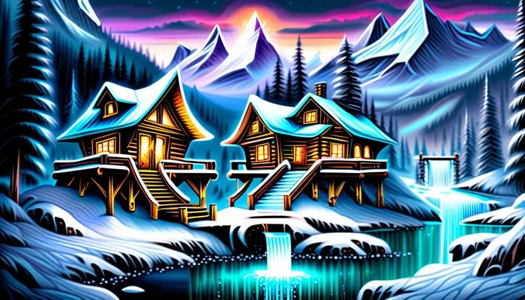 (((grand atmosphere with solemnity mountain cabin of stunning magic architecture intricate detailed:1.4))), ice craft dark fantasy gate, ultra realistic, ((through the insane darkness dreams are scattered:1.2)), ((rich-colors of multicolor glass and ice fi...