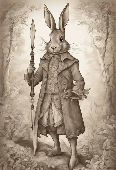 A rabbit，Wear travel attire，Parchment in hand，He carried a knife on his waist，Walk in the forest