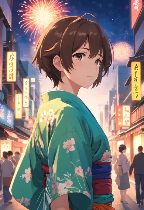 Best quality,4K,8K,A high resolution,masutepiece:1.2)，Libido boy，Libido boy，Background night，Fireworks bloom in the dark，Close up close-up，is shy，𝓡𝓸𝓶𝓪𝓷𝓽𝓲𝓬，He wears a mens kimono，short detailed hair，brunette color hair，