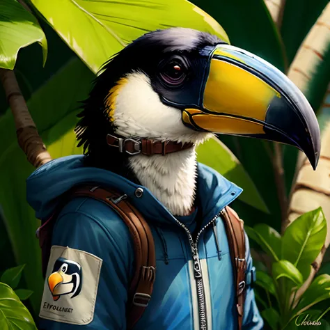 Explorer with a toucan on his shoulder cartoon