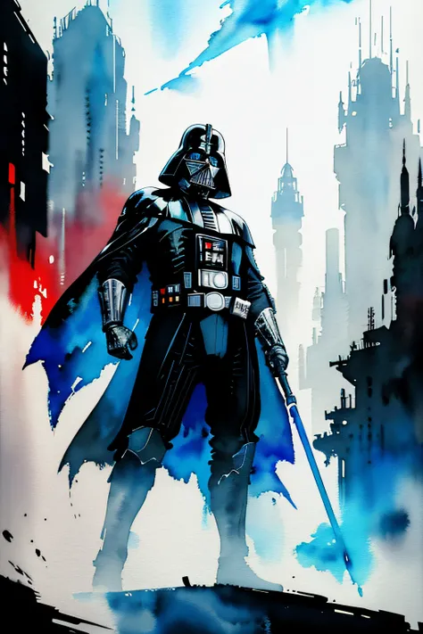 Darth Vader from star wars,1boy, looking at viewer, high-tech clothes, standing pose, from below, fantasy, high contrast, ink strokes, explosions, over exposure, impression , abstract, ((watercolor painting by John Berkey and Jeremy Mann)), brush strokes, ...