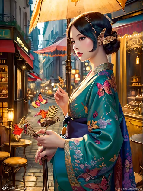 butterflys々Madam、1920s、Paris、detailed environment, (Best Quality, Ultra-detailed, Realistic:1.37), Vibrant colors, Kimono、Komono、Hairpin、Fans、Soft lighting, Oil painting style