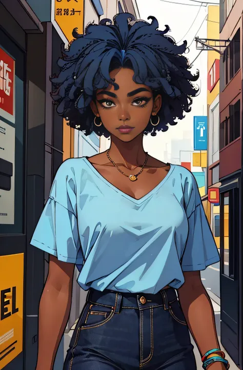 (best quality:1.1),original,1girl,chic,trendy,afro,dark skin,makeup,2020's, blue hair, brown eyes