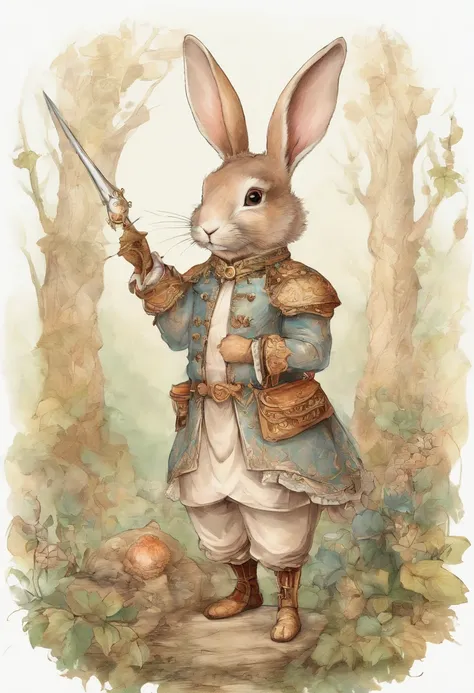 a cute bunny，Wear travel attire，Parchment in hand，Walk in the forest