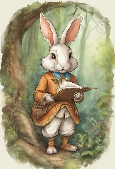 a cute bunny，Wear travel attire，Holding a parchment map in his hand，Walk in the forest