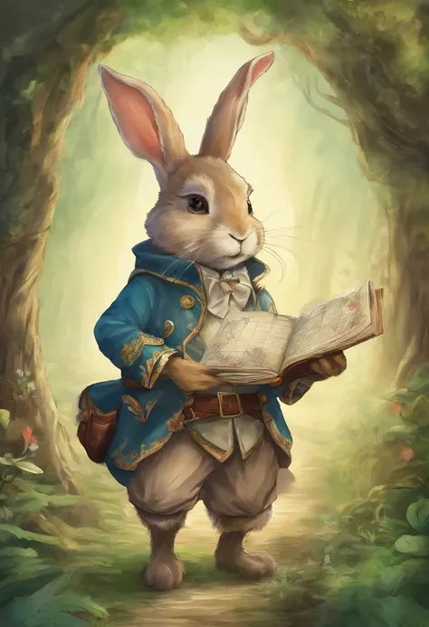 a cute bunny，Wear travel attire，Holding a parchment map in his hand，Walk in the forest