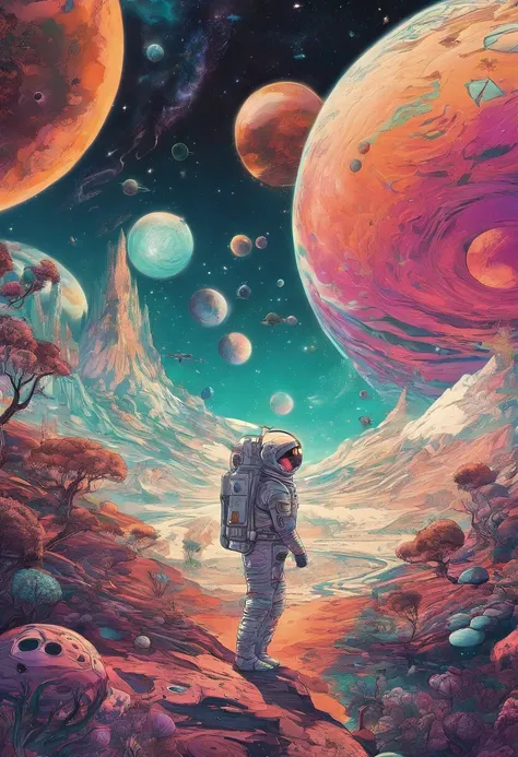 HD details, Close-up of a man in a spacesuit, planets in the background, psychedelic cosmic horror, psychedelic illustrations, cosmic space, plants growing, The world of psychosis, Background space graphic art, Cosmic illustration, cosmic space, cosmic lsd...