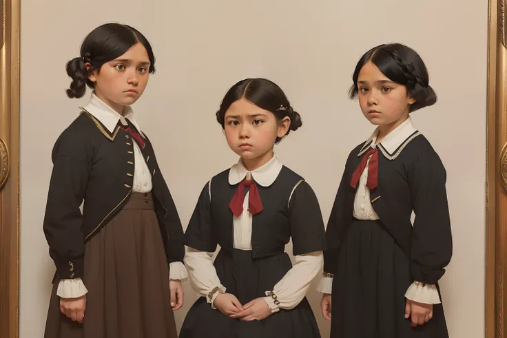 year: 1828. Location: Illinois. Pre-Raphaelite scene with small girls, sauk native american, ((((short bob hair)))), ((black school uniform)), angry, sad, serious, conversion boarding school, ((((Clothing from the 1820s)))) ((Hairstyle of the 1820s, bob)),...