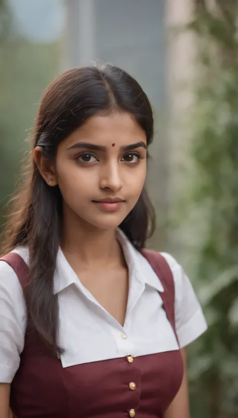 portrait of an young Indian school girl, 18-year-old in a mini skirt school uniform, big round boobies,