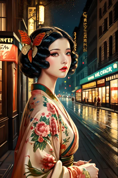 Madame Butterfly、1920s、Paris、detailed environment, (Best Quality, Ultra-detailed, Realistic:1.37), Vibrant colors, kimono、komono、hairpin、fan、Soft lighting, Oil painting style