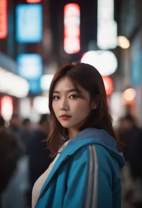 japnese girl, dressed in street wear, in downtown shinjuku, glowing neon light in background, night time, real woman, 85mm len