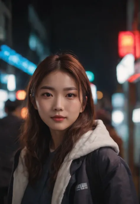 japnese girl, dressed in street wear, in downtown shinjuku, glowing neon light in background, night time, real woman, 85mm len