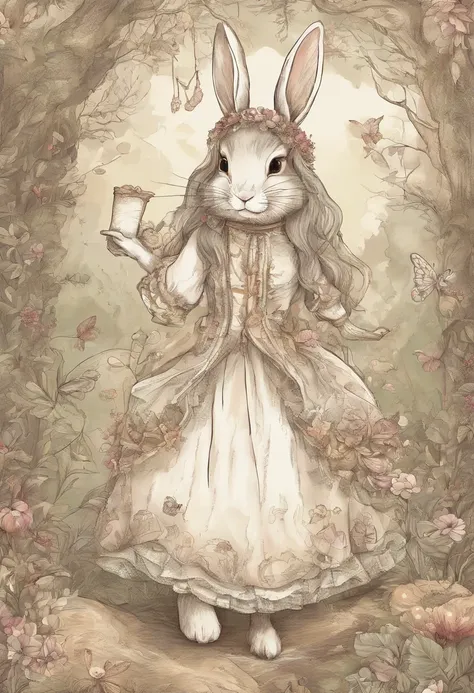 a cute bunny，Wear travel attire，Map in hand，Walk in the forest