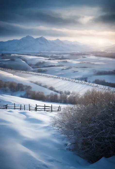 a snowy battlefield with barbed wire and trenches. Soft, soothing music playing in the background.