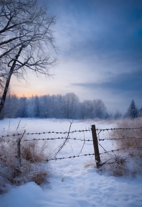 a snowy battlefield with barbed wire and trenches. Soft, soothing music playing in the background.