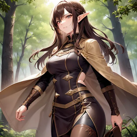 Elven hunter in the Middle Ages, Wear a light leather jacket (Leather details) Highlight your agility and dexterity.(((Brown hair))), The attire is adorned with details reminiscent of a falcon, Stylized wing-like elements are incorporated into its design (...