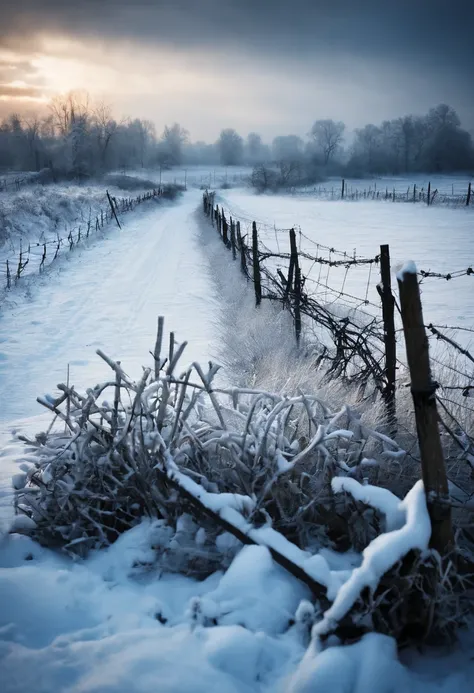 a snowy battlefield in world war 2 time with barbed wire and trenches. Soft, dark scary moment