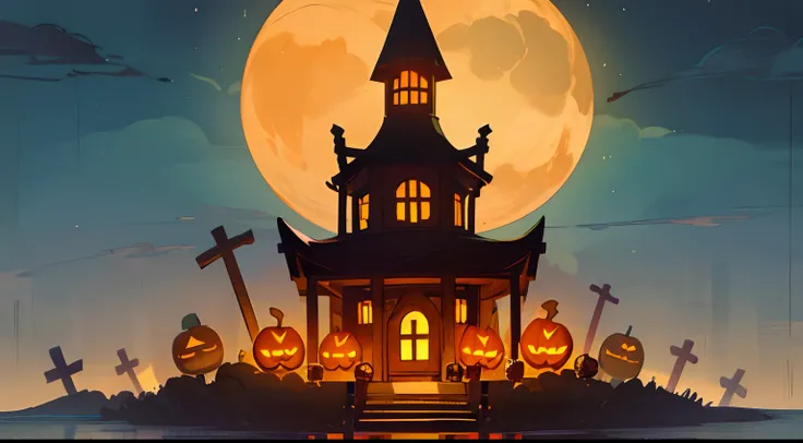 0 Humans,Halloween,landscapes,western building,Moon Night,orange colors，Pumpkin Lantern,Grave,crosses,candy,cookies,macaroons,Choco,caramel,marshmallow,Lollipop Candy,Jack OLantern