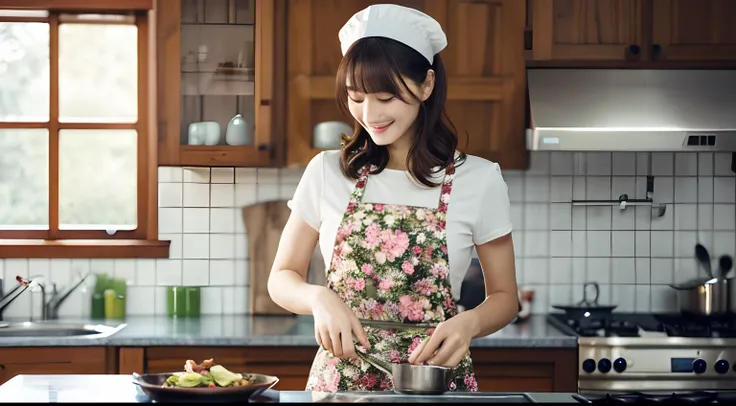 beautiful lady is cooking, floral apron, white chef hat, in kitchen, super detailed, super wide view