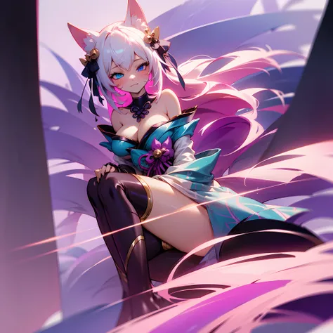 (Best quality, highres, 1 girl, solo), fusion Tobiichi+Ahri, fox ears, white hair with pink tips, very large breasts, fox tails, smirk, surprised look, red loose kimono, purple eyes, heterochromia, corrupted, black pantyhose