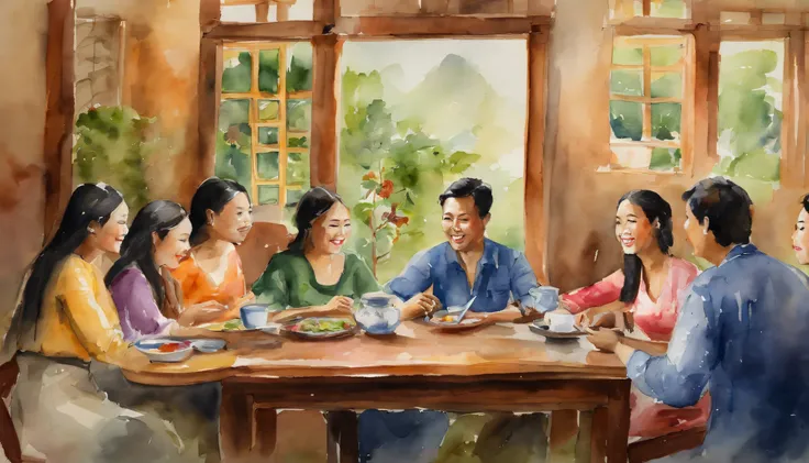 a group of asian young friends, 13 people, 7 men and 6 women, sitting around the table having a happy chat about their future.