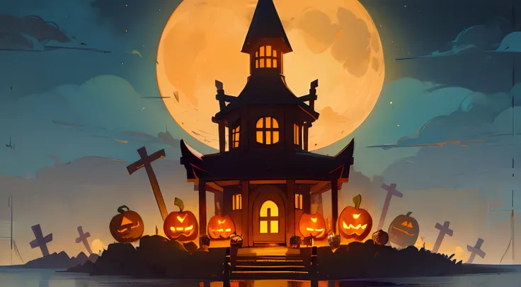 0 Humans,Halloween,landscapes,western building,Moon Night,orange colors，Pumpkin Lantern,Grave,crosses,candy,cookies,macaroons,Choco,caramel,marshmallow,Lollipop Candy,Jack-o-lantern,Western-style building on a hill