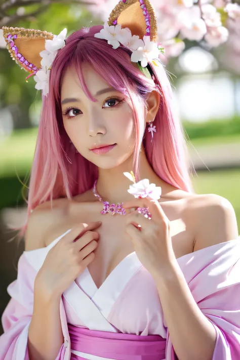 ((Masterpiece, Best quality)), (1girll),((Mature female)), Animal ears, Bare shoulders, Blush, Breasts, Cherry blossoms, Closed mouth, Detached sleeves, Earrings, finger nails, flower, Fox ears, Pedras preciosas, hair between eye, hair adornments, Hand up,...