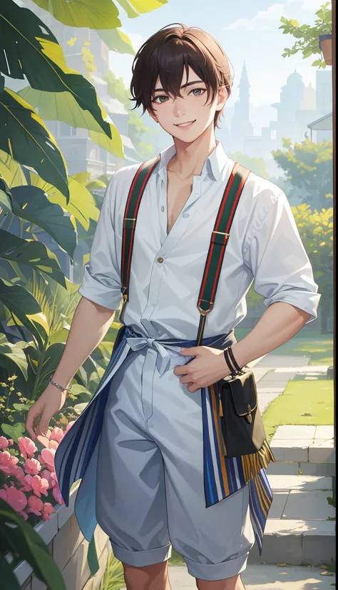 (best quality,4k,highres,masterpiece:1.2),vibrant,stylish,portrait of 1 boy with a friendly smile,dressed neatly in summer clothes