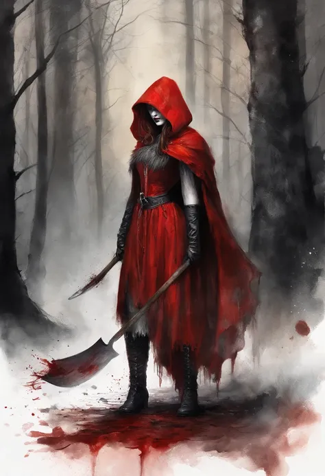 Gothic red riding hood holding the a bloody ax, standing over a dead wolf on the ground, bloody, fantasy, beautiful, elegant, lens flare, intricately detailed, blood splatter, dark, backlit, goth, moonlight, forest, horror, ominous, watercolor, illustrativ...