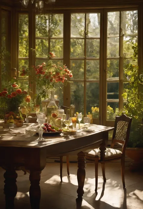 Close-up of a table，There is a vase of flowers on it, delightful surroundings, With French garden, Transparent，high key，house kitchen on a sunny day, Inside the French village, author：Wise, bright window lit kitchen, Architectural Digest, Home and Garden M...