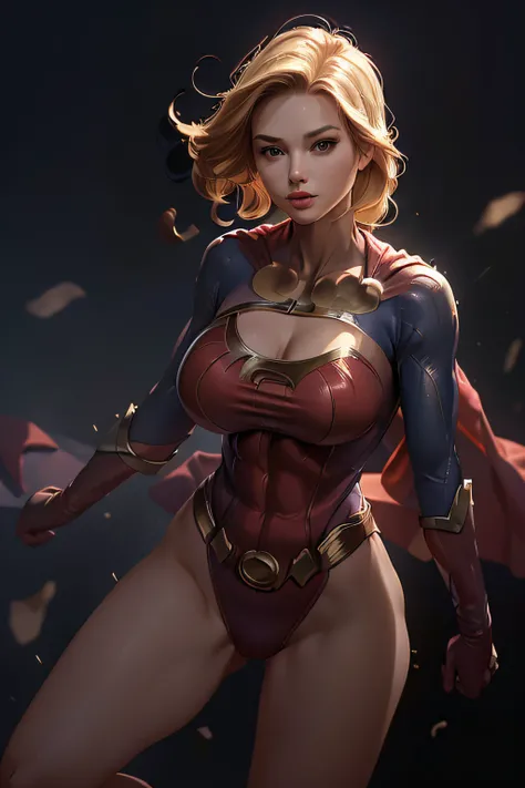ultra-detailed, realistic: 1.35, Super hero girl, 18 years-old, large full breasts, Full-body shot,Dressed up (One-piece Supergirl Suit), korean idol face, big chest, ((spandex suit, troso tight bodysuit)), ((blond hair, Big breasts: 1.4)), very Thin bodys...
