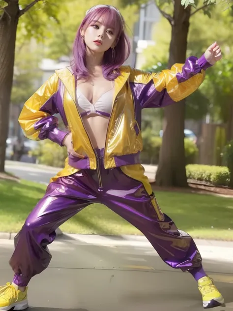 、infp young woman、Good Style、Yellow hair、、、Idol face、large full breasts、、Glossy purple outfit、Shiny Yellow Jacket、a miniskirt