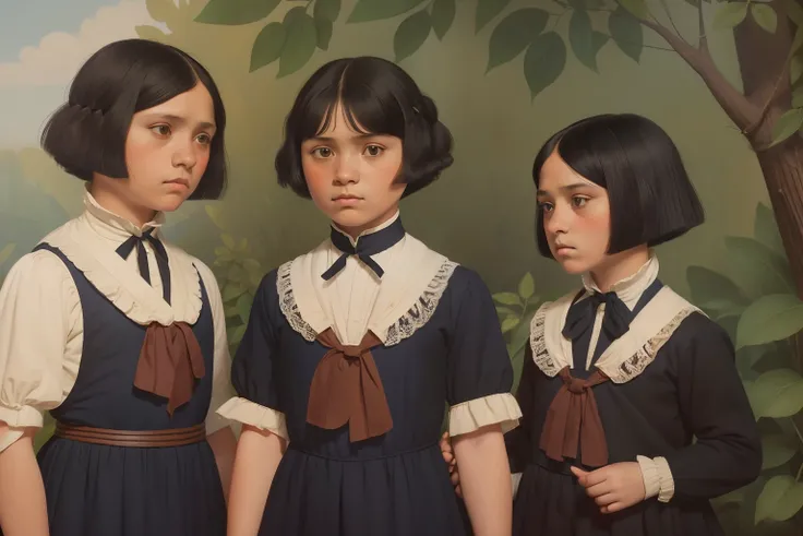 year: 1828. Location: Illinois. Pre-Raphaelite scene with very small girls, sauk native american, ((((short bob hair)))), ((black school uniform)), angry, sad, serious, conversion boarding school, ((((Clothing from the 1820s)))) ((short bob hairstyle)), ((...